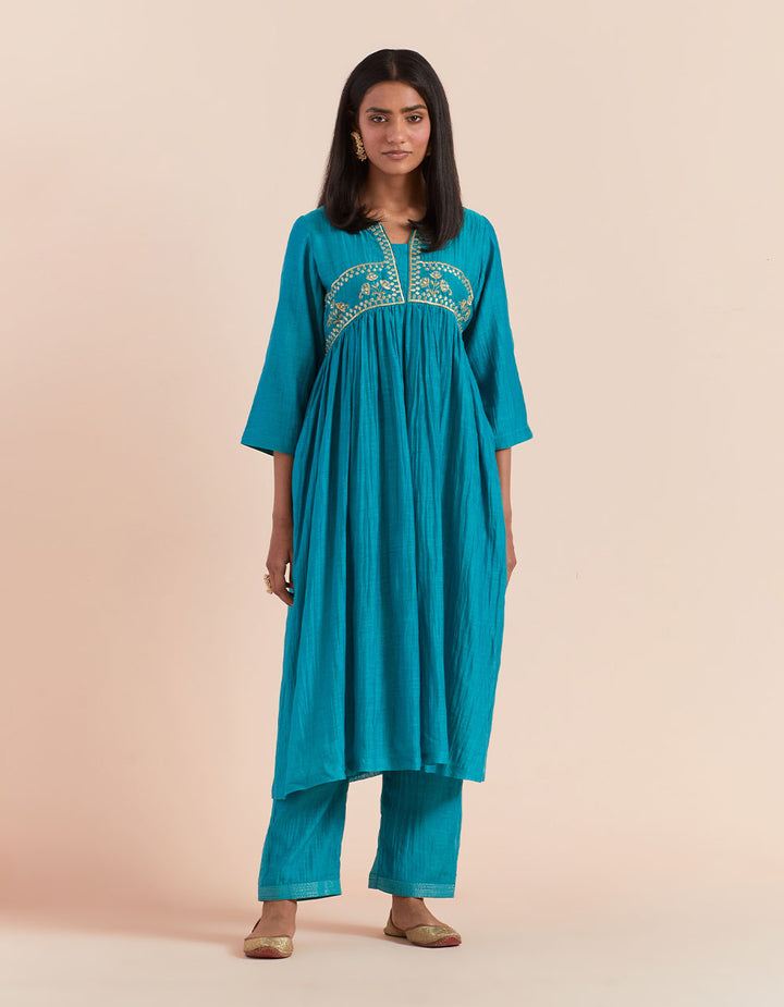 Turqoise embroidered soft chanderi kurta