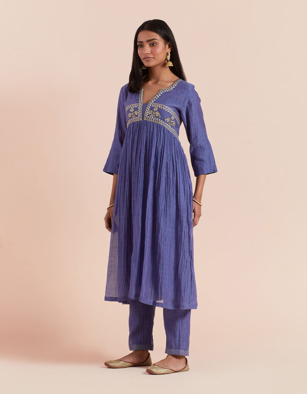 Blue embroidered soft chanderi kurta with pants and dupatta- Set of 3