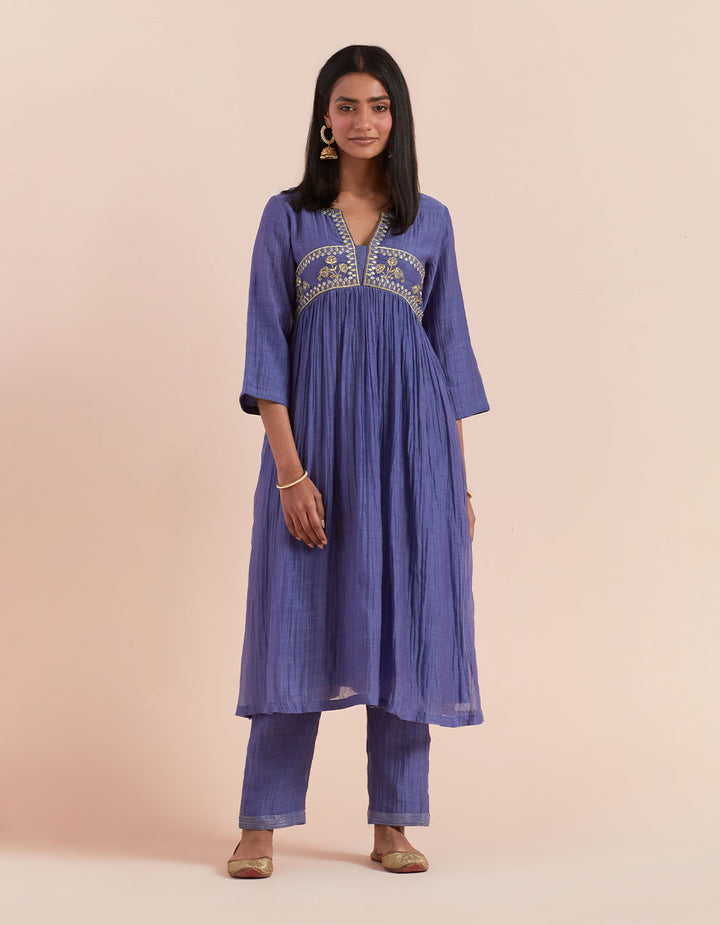 Blue embroidered soft chanderi kurta with pants - Set of 2