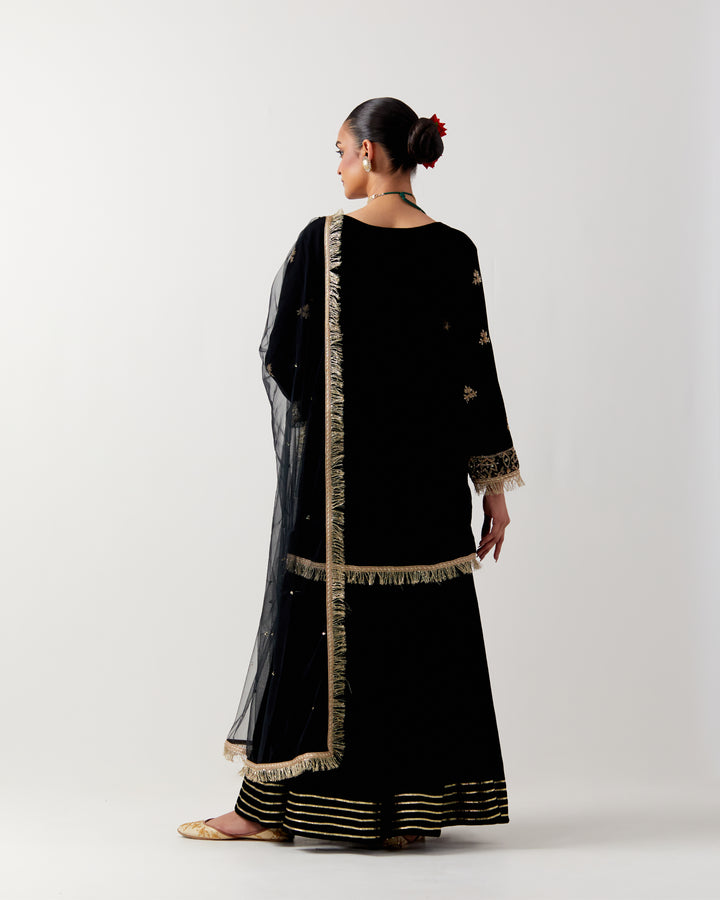 Black silk velvet kurta with gharara and net dupatta- Set of 3