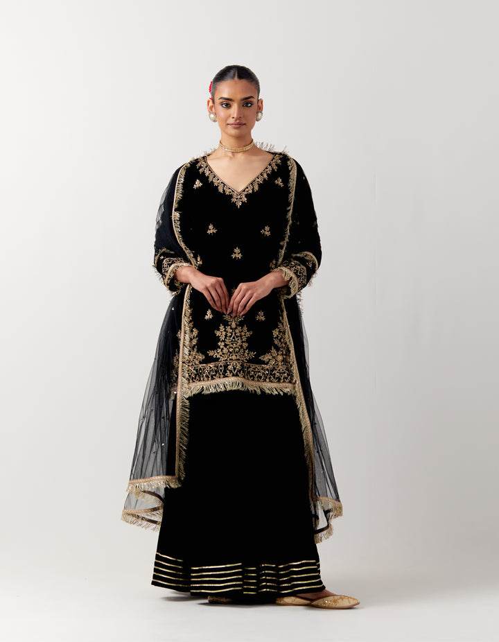 Black silk velvet kurta with gharara and net dupatta- Set of 3