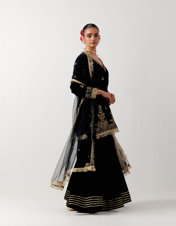 Black silk velvet kurta with gharara and net dupatta- Set of 3