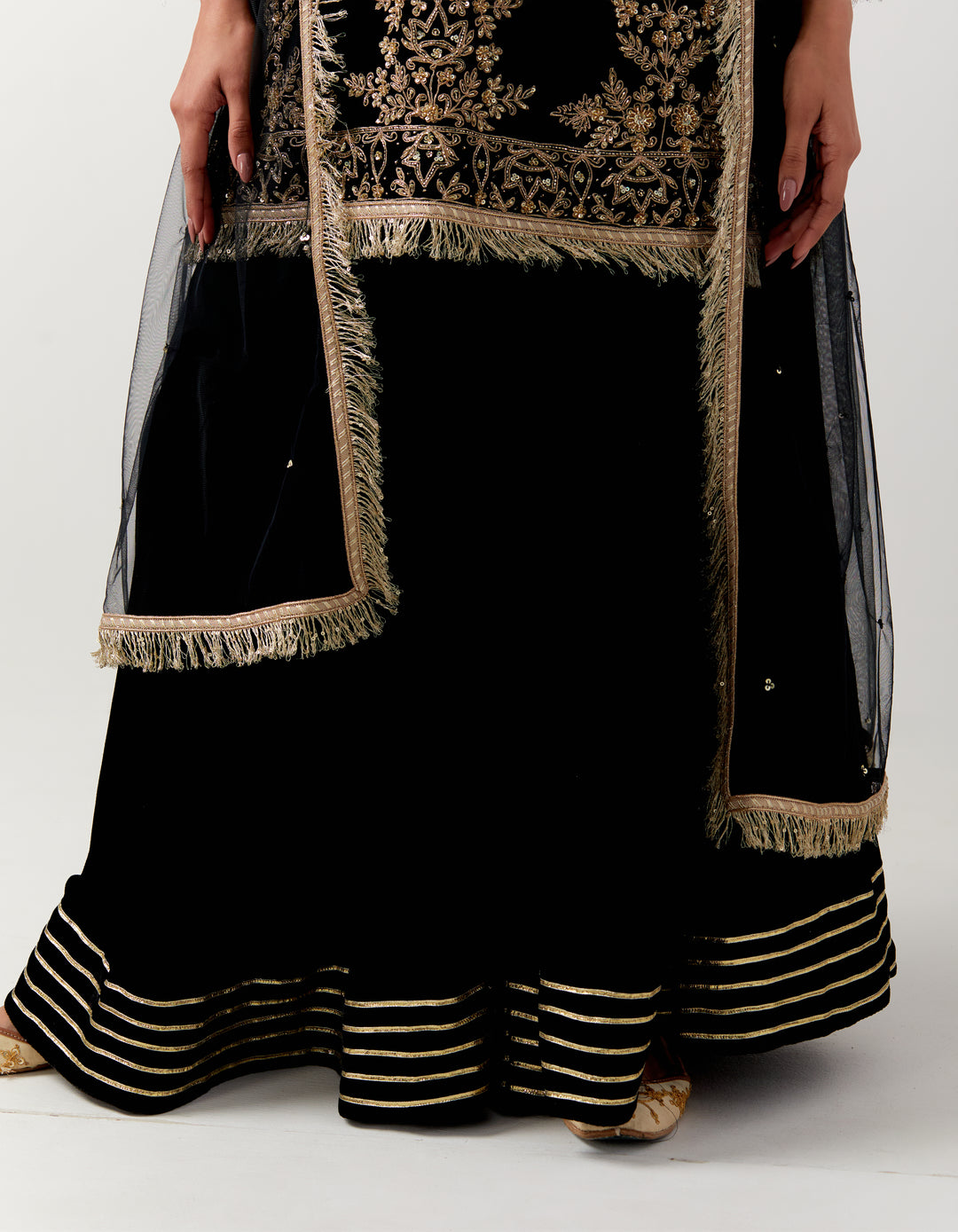 Black silk velvet kurta with gharara and net dupatta- Set of 3