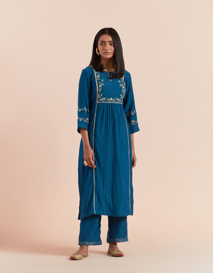 Dark Blue embroidered chanderi silk kurta with pants - Set of 2