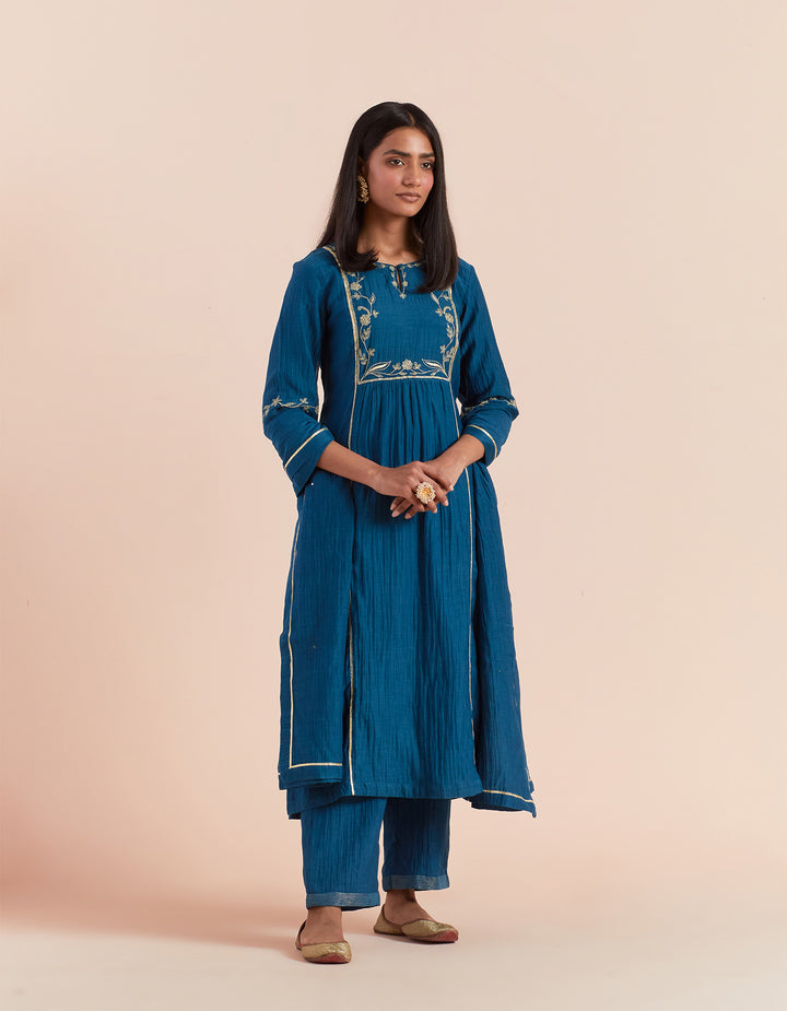 Dark Blue embroidered chanderi silk kurta with pants and dupatta- Set of 3