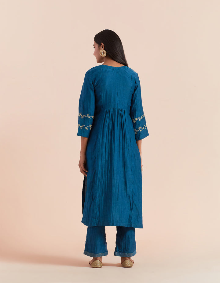 Dark Blue embroidered chanderi silk kurta with pants and dupatta- Set of 3