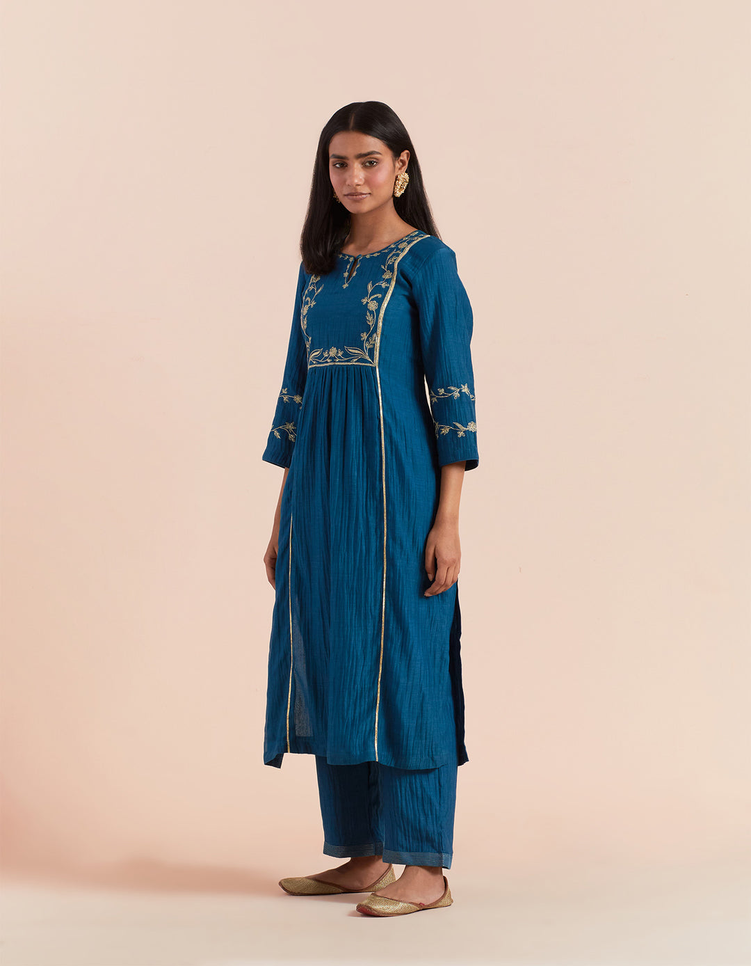 Dark Blue embroidered chanderi silk kurta with pants and dupatta- Set of 3