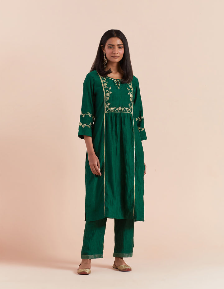 Green embroidered chanderi silk kurta