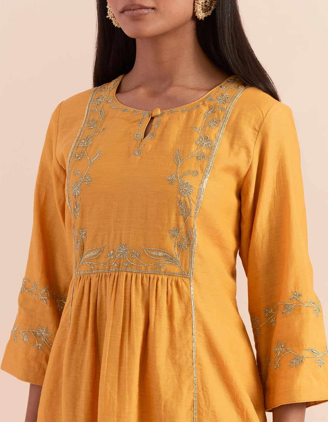 Mustard embroidered chanderi silk kurta