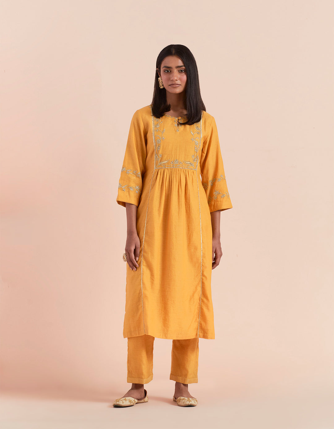 Mustard embroidered chanderi silk kurta with pants - Set of 2