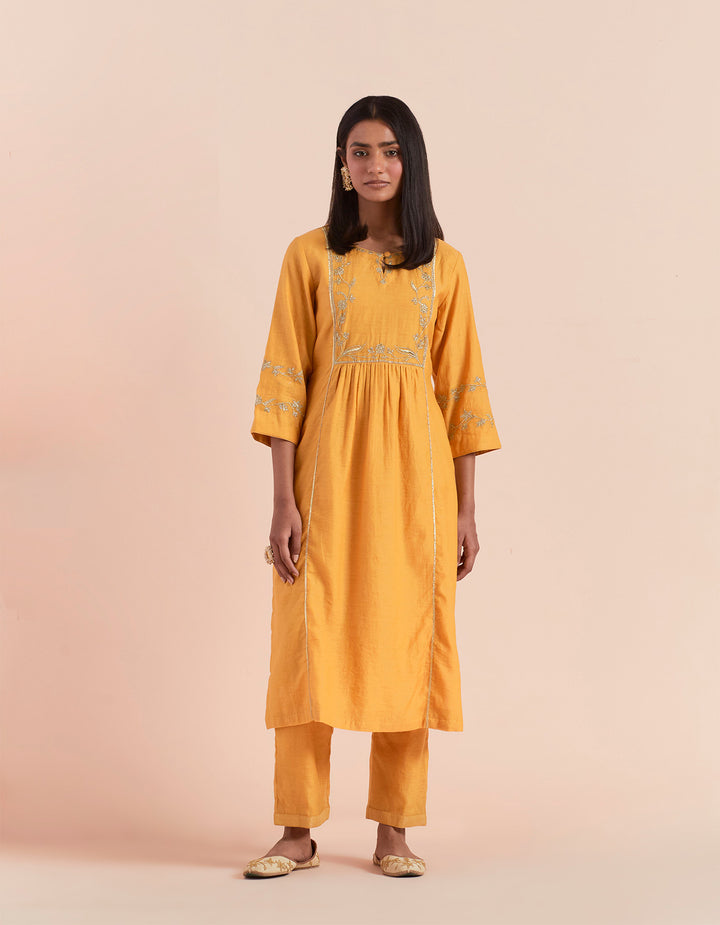 Mustard embroidered chanderi silk kurta