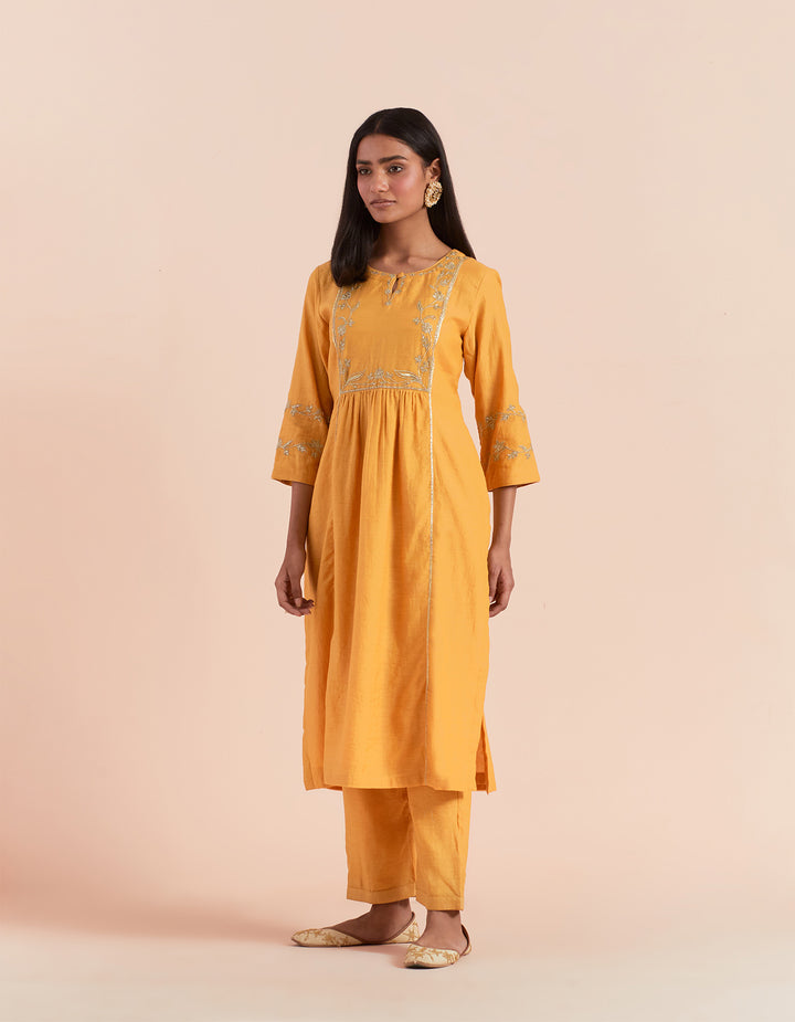 Mustard embroidered chanderi silk kurta with pants - Set of 2