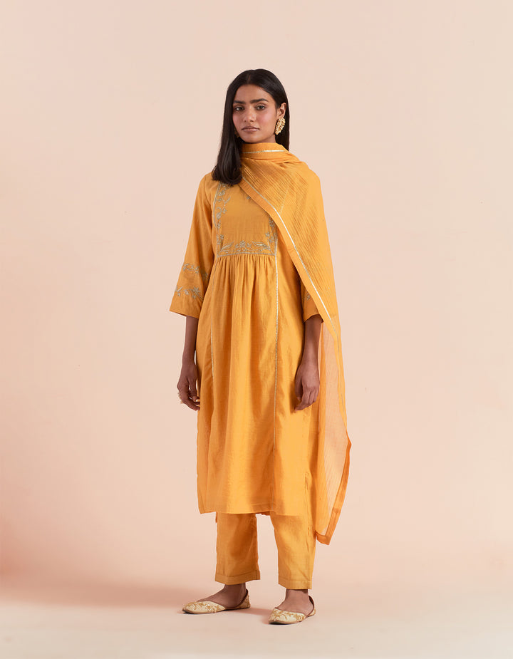 Mustard embroidered chanderi silk kurta with pants and dupatta- Set of 3