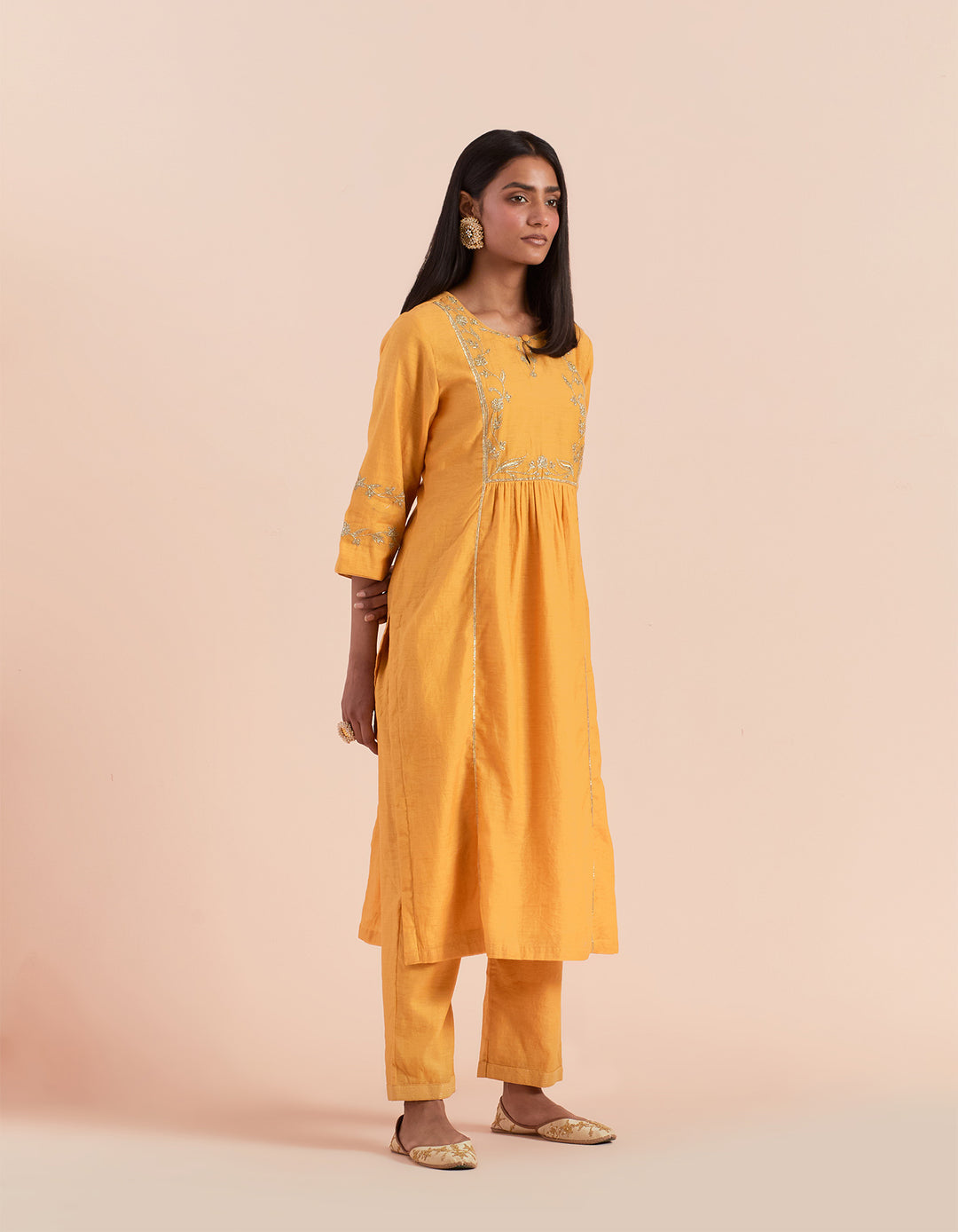 Mustard embroidered chanderi silk kurta