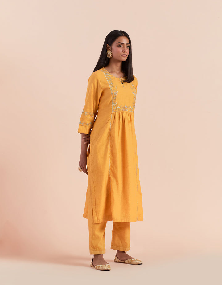 Mustard embroidered chanderi silk kurta with pants - Set of 2