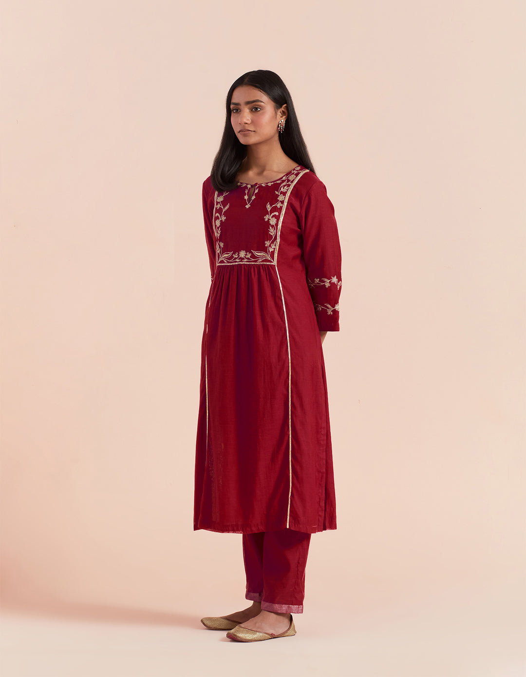 Red embroidered chanderi silk kurta