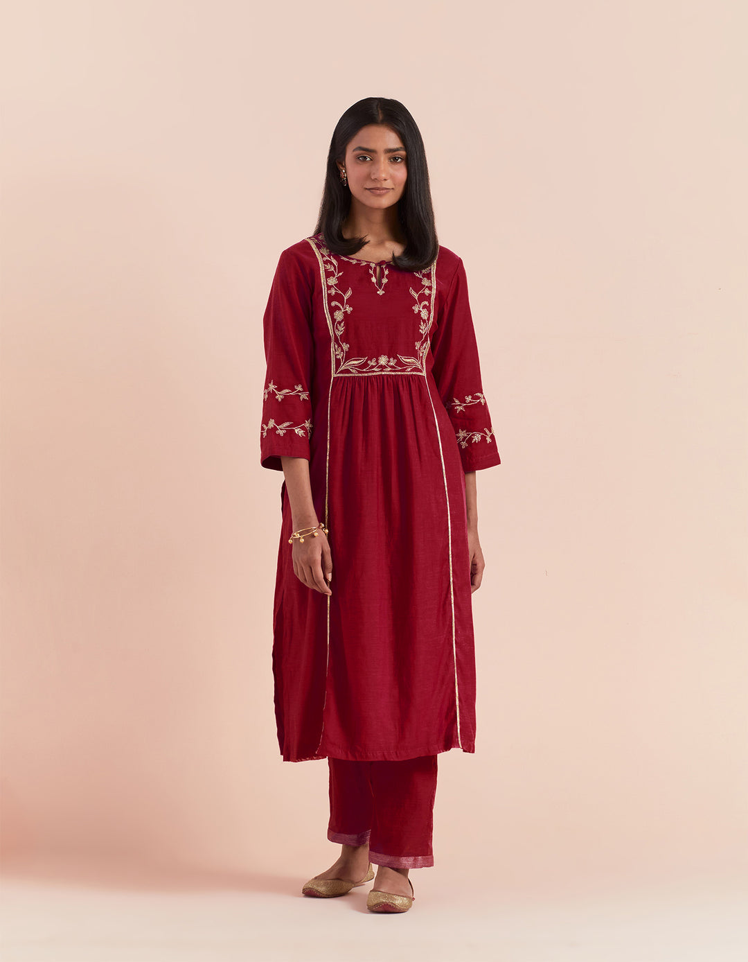 Red embroidered chanderi silk pant