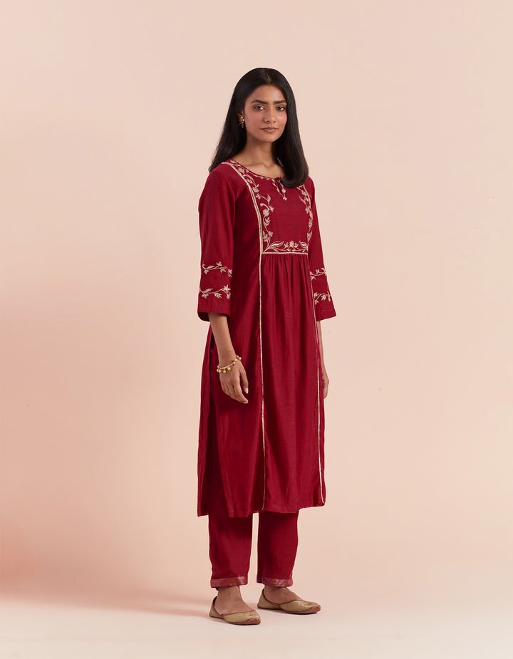 Red embroidered chanderi silk kurta