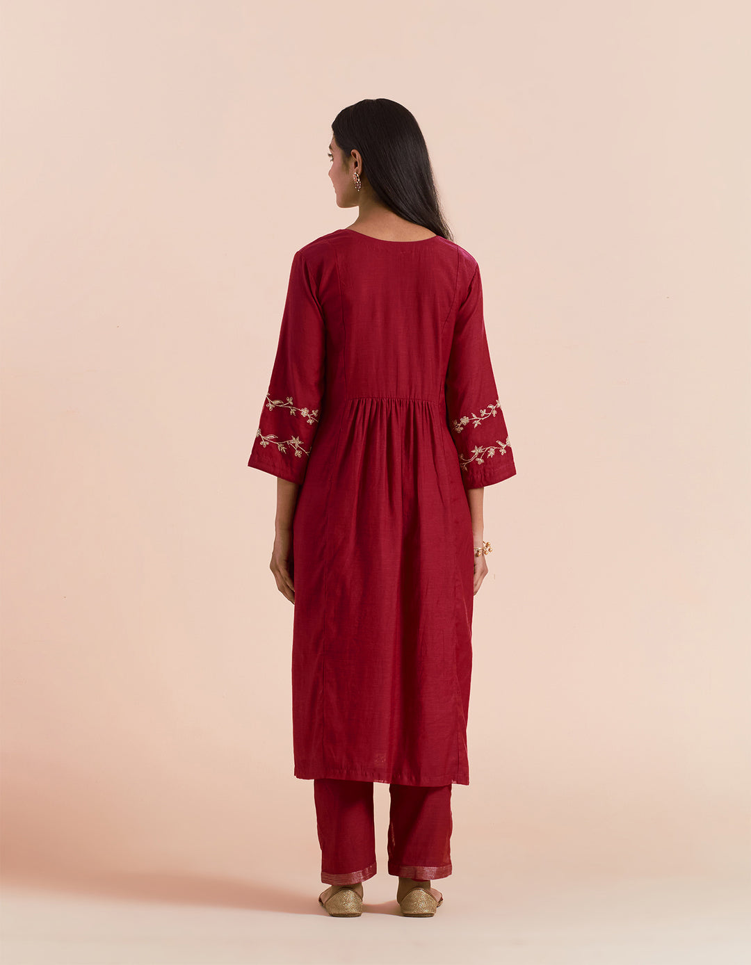 Red embroidered chanderi silk kurta