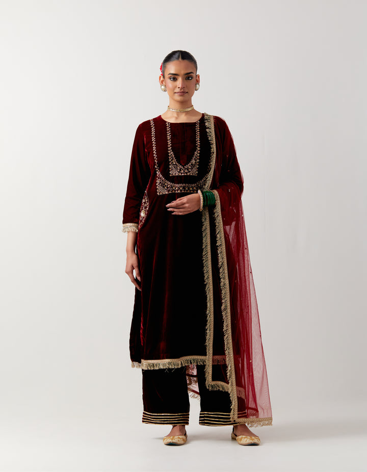 Red silk velvet kurta