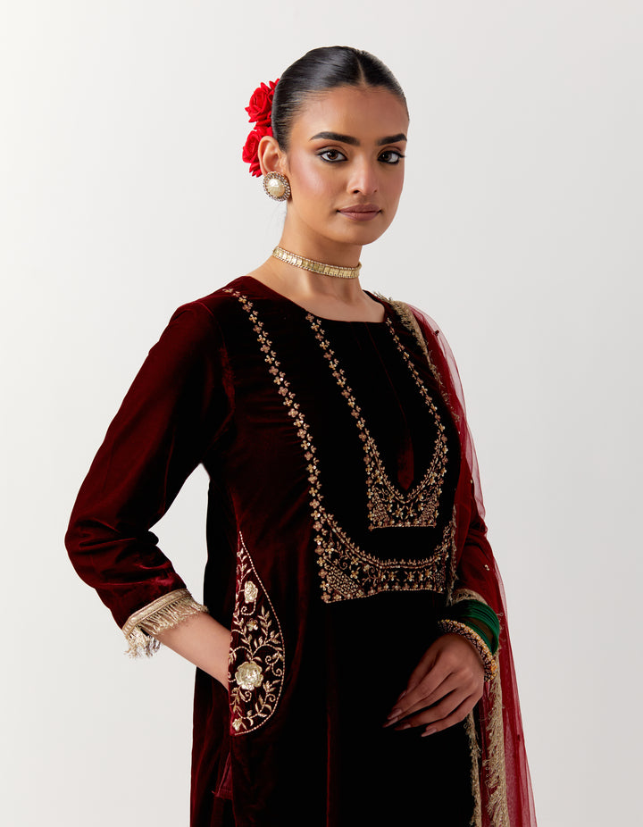 Red silk velvet kurta