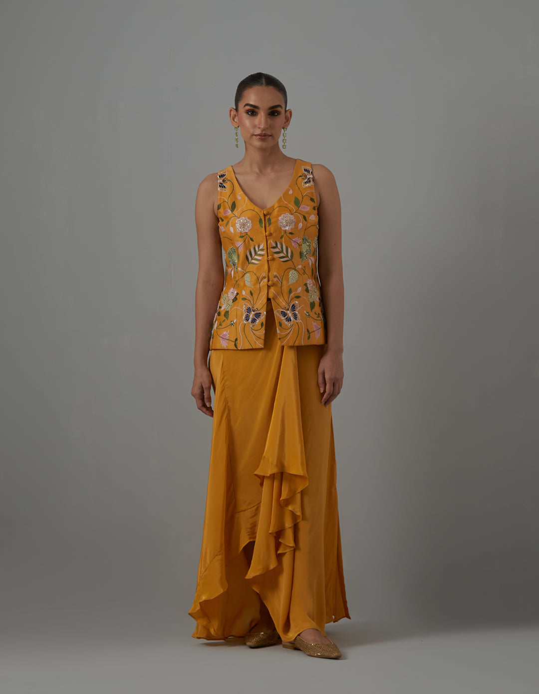 Yellow embroidered crepe top with drape skirt-Set of 2