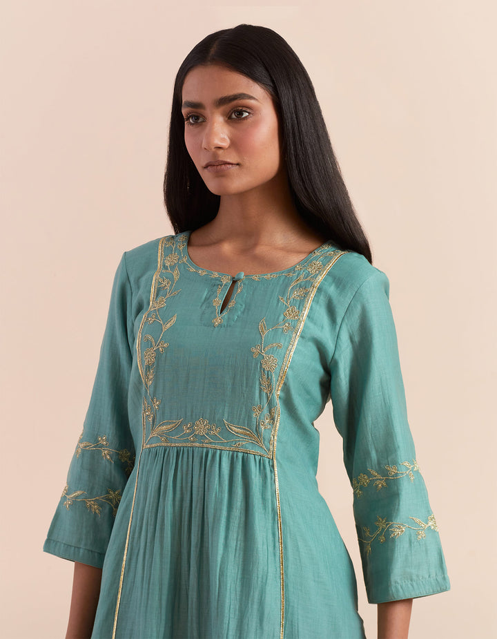 Teal Blue embroidered chanderi silk kurta with pants - Set of 2