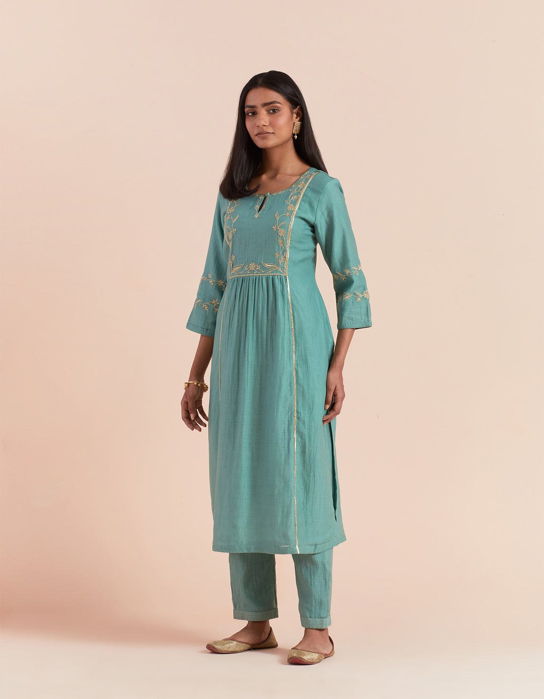 Teal Blue embroidered chanderi silk kurta with pants - Set of 2