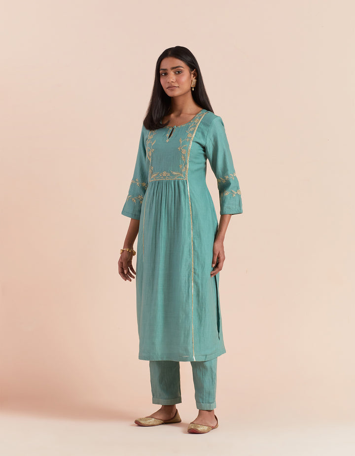 Teal Blue embroidered chanderi silk kurta with pants and dupatta- Set of  3