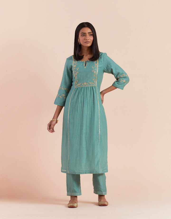 Teal Blue embroidered chanderi silk kurta with pants - Set of 2