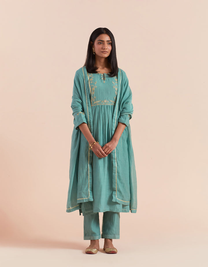 Teal Blue embroidered chanderi silk kurta with pants and dupatta- Set of  3