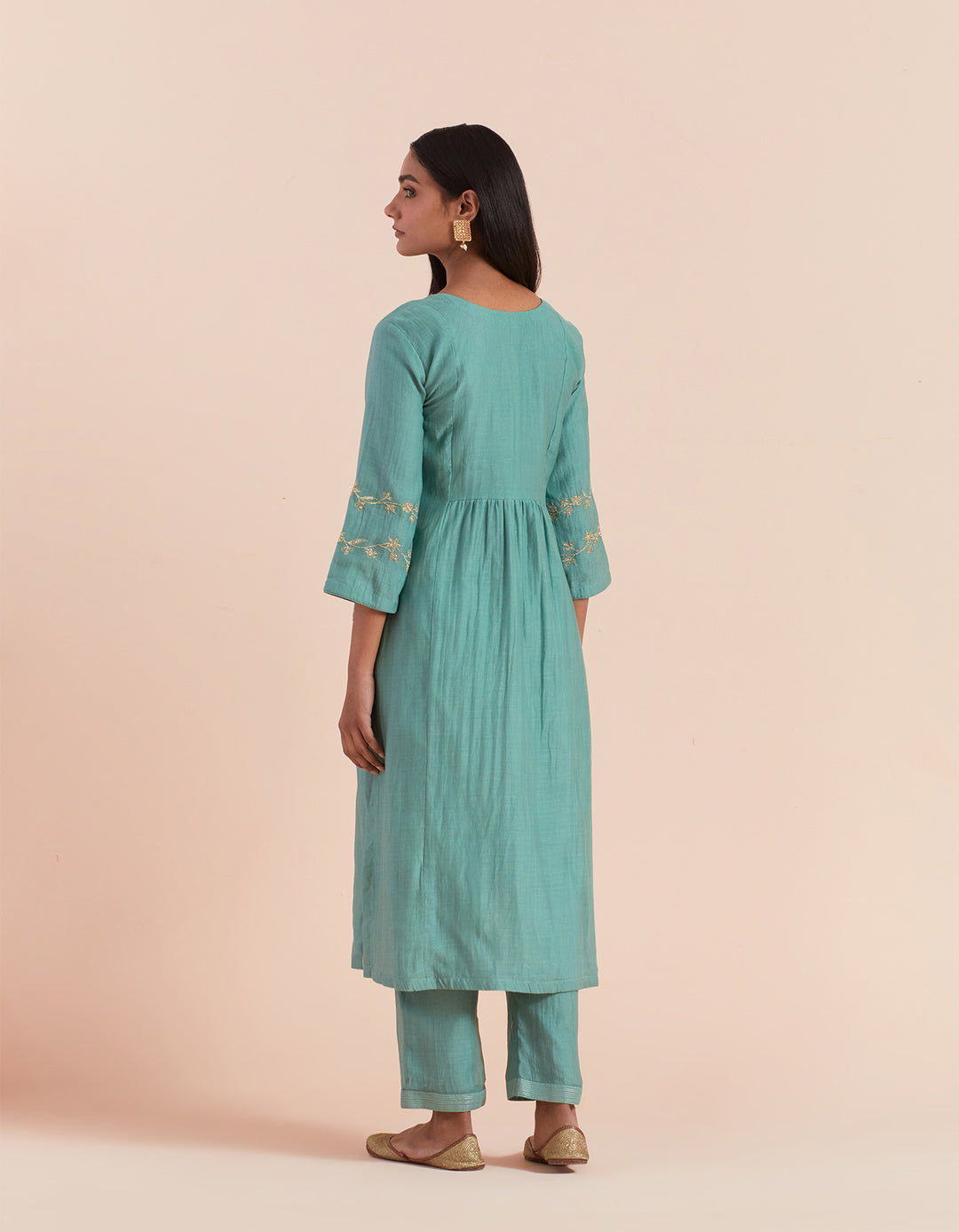 Teal Blue embroidered chanderi silk kurta with pants - Set of 2