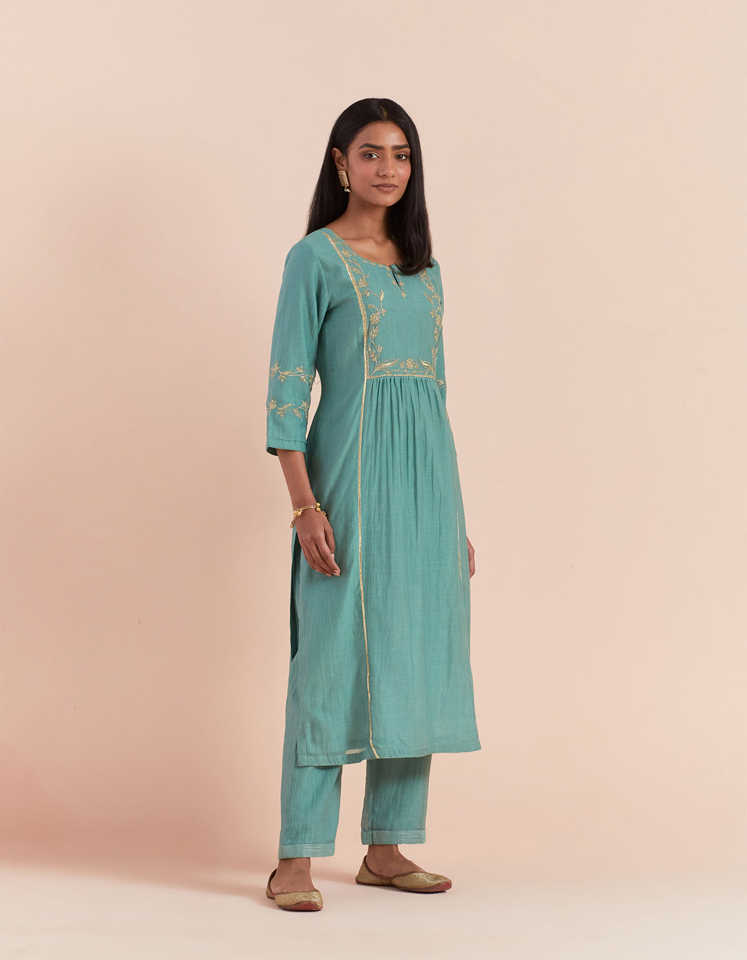 Teal Blue embroidered chanderi silk kurta with pants - Set of 2