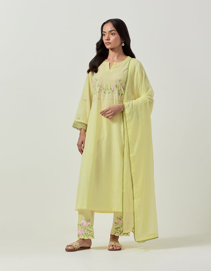 Yellow cotton kurta with pant and dupatta - Set of 3