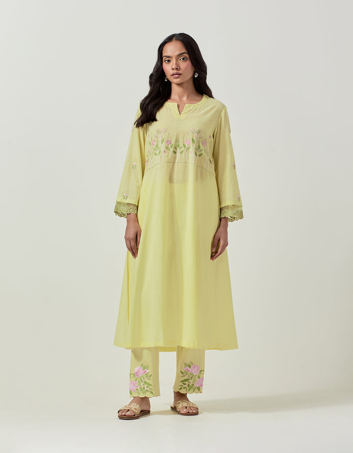 Yellow cotton kurta with pant and dupatta - Set of 3
