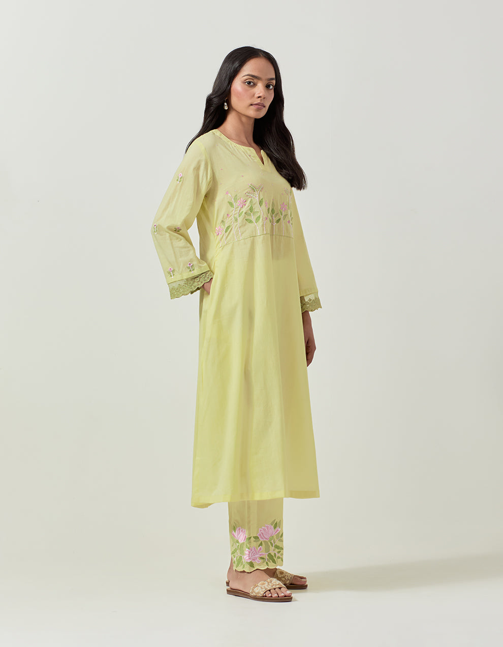 Yellow cotton kurta with pant and dupatta - Set of 3