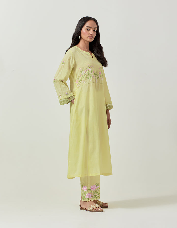 Yellow cotton kurta with pant and dupatta - Set of 3