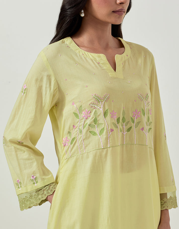 Yellow cotton kurta with pant and dupatta - Set of 3