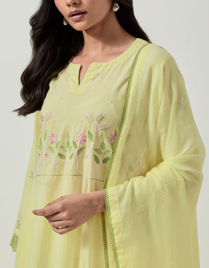 Yellow cotton kurta with pant and dupatta - Set of 3