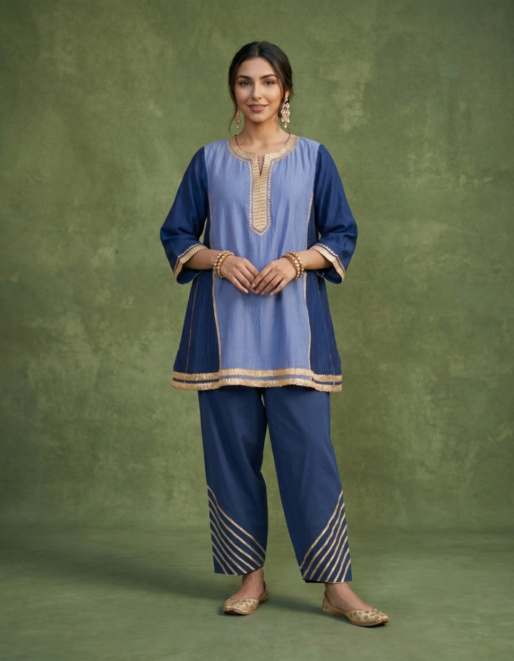 Blue Chanderi Kurta Set- Set of 2
