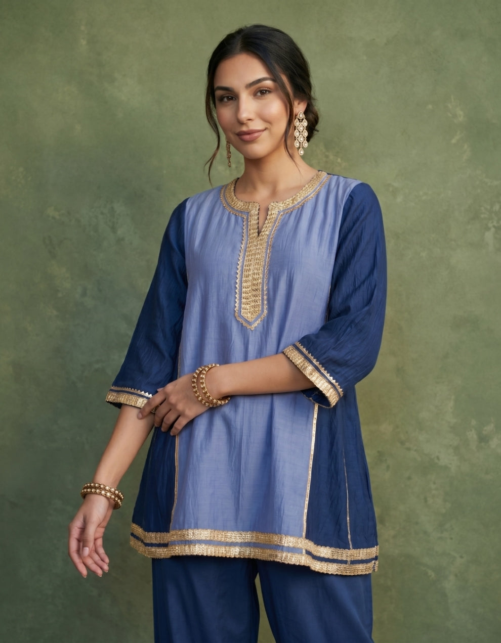Blue Chanderi Kurta Set- Set of 2
