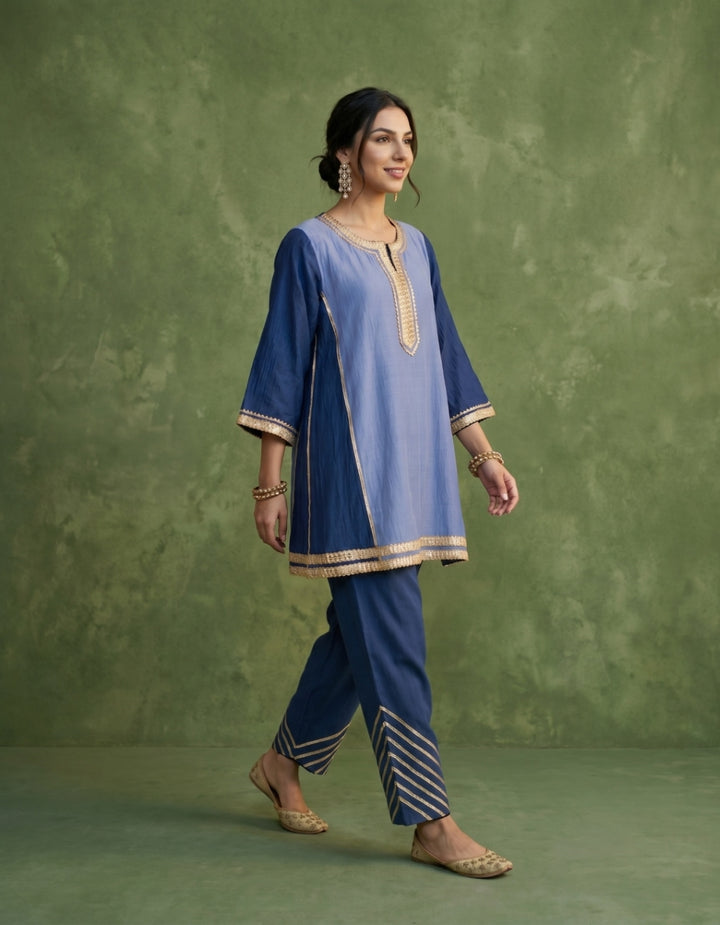Blue Chanderi Kurta Set- Set of 2