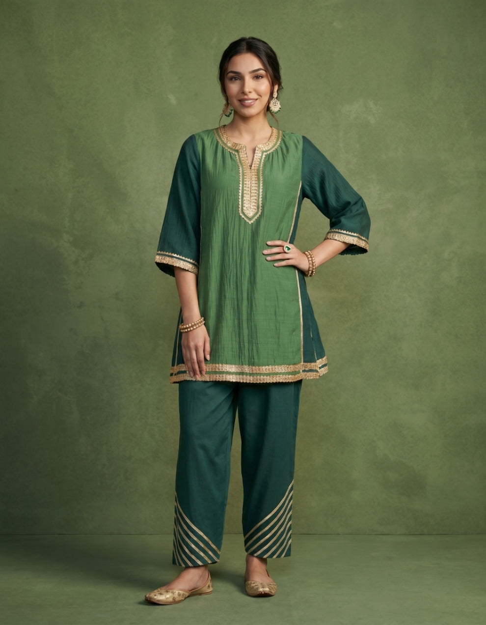 Dark Green Chanderi Kurta Set- Set of 2