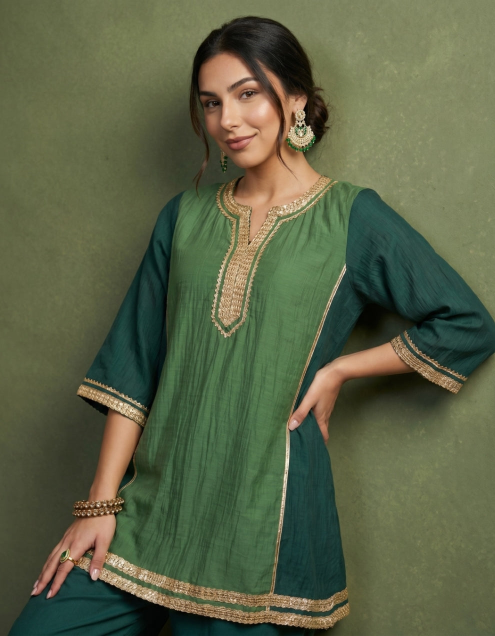 Dark Green Chanderi Kurta Set- Set of 2