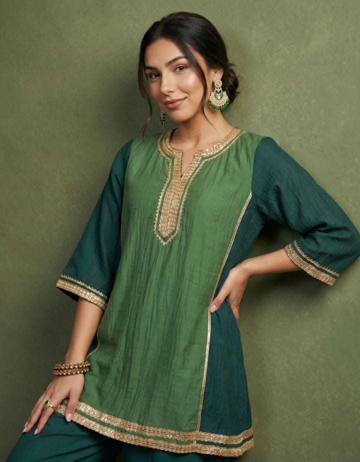 Dark Green Chanderi Kurta Set- Set of 2