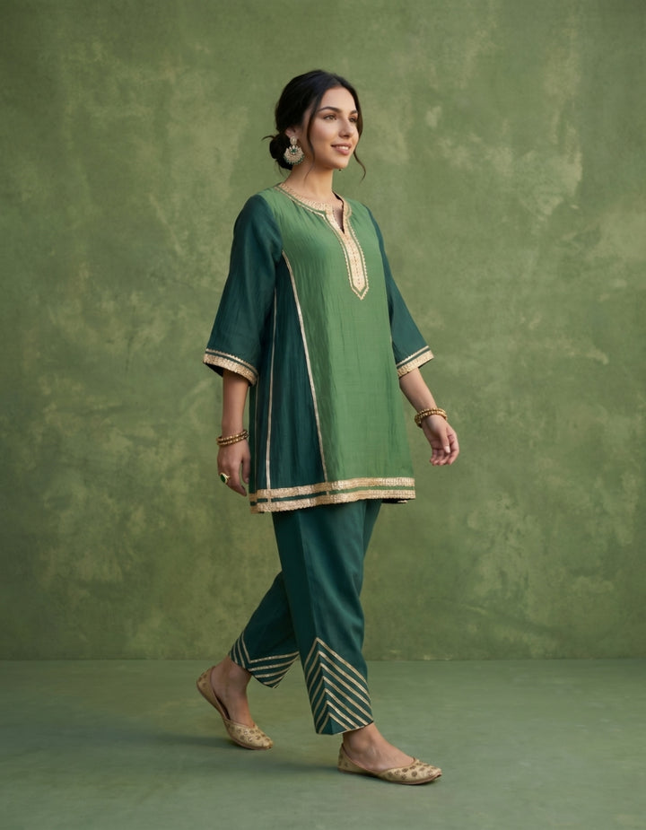 Dark Green Chanderi Kurta Set- Set of 2