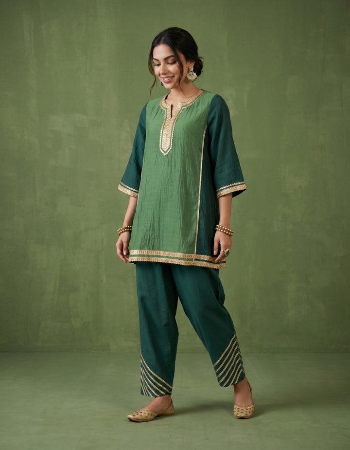 Dark Green Chanderi Kurta Set- Set of 2