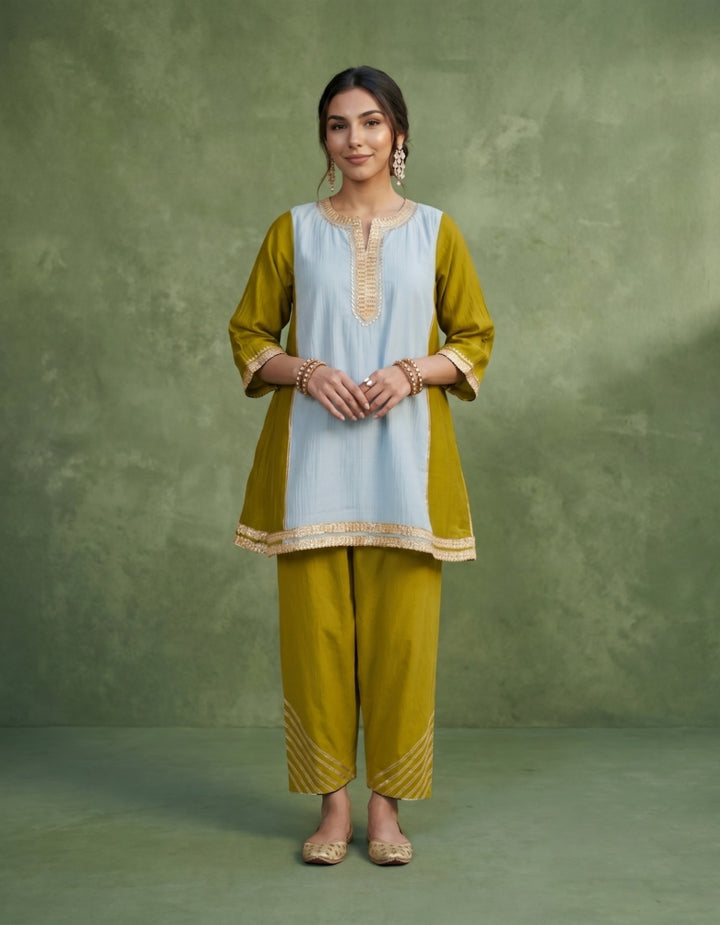 Green Blue Chanderi Kurta Set- Set of 2