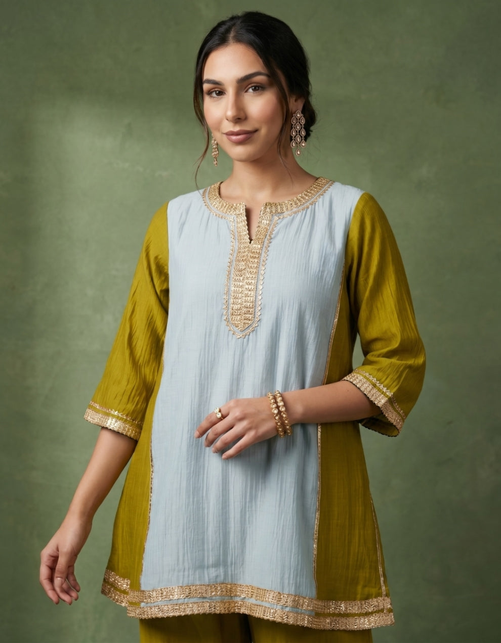 Green Blue Chanderi Kurta Set- Set of 2