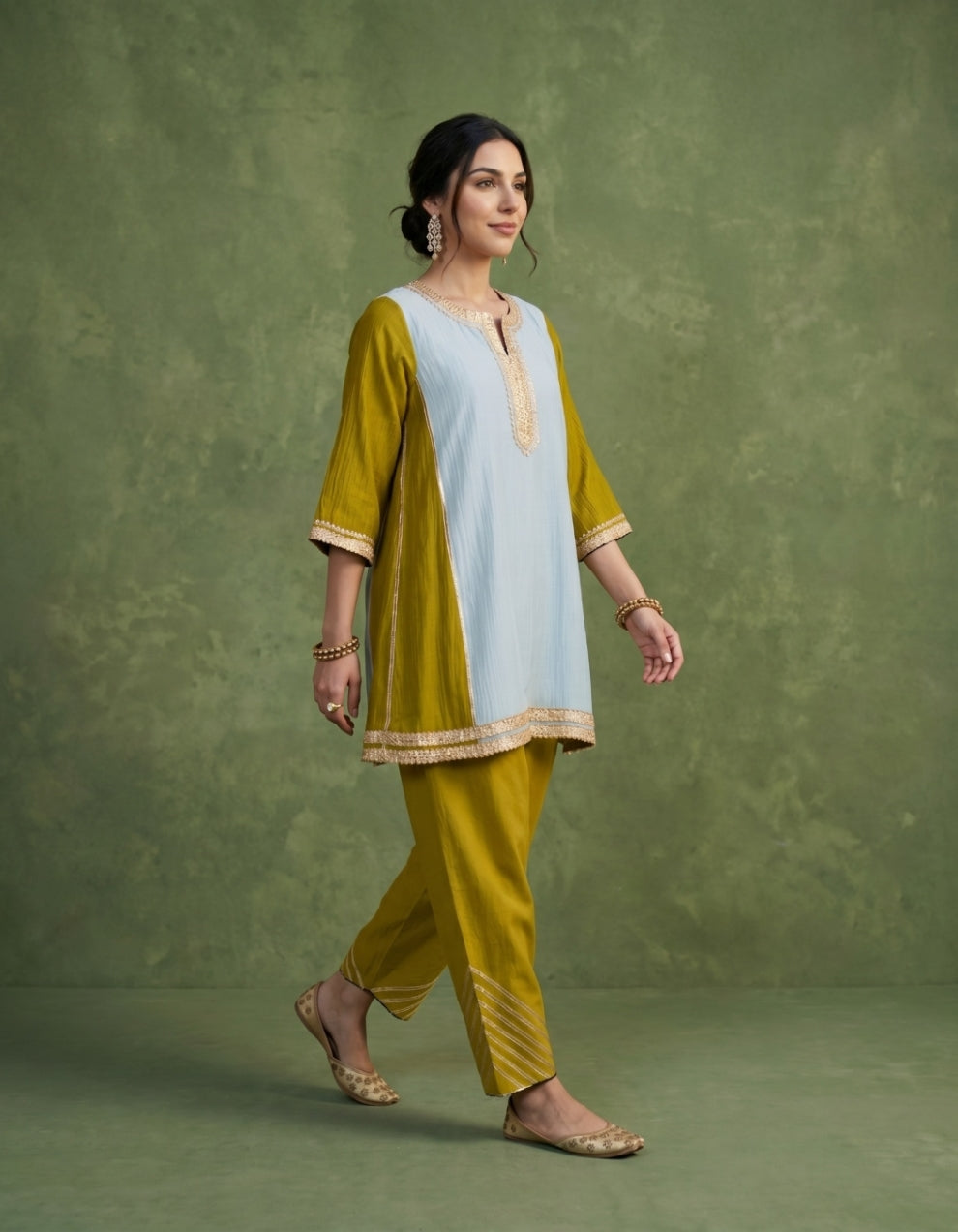 Green Blue Chanderi Kurta Set- Set of 2